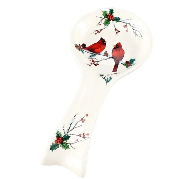 Winter Cardinals on Branch Spoon Rest Holiday Kitchen Stoneware 10-inch Gift NEW - Picture 1 of 2